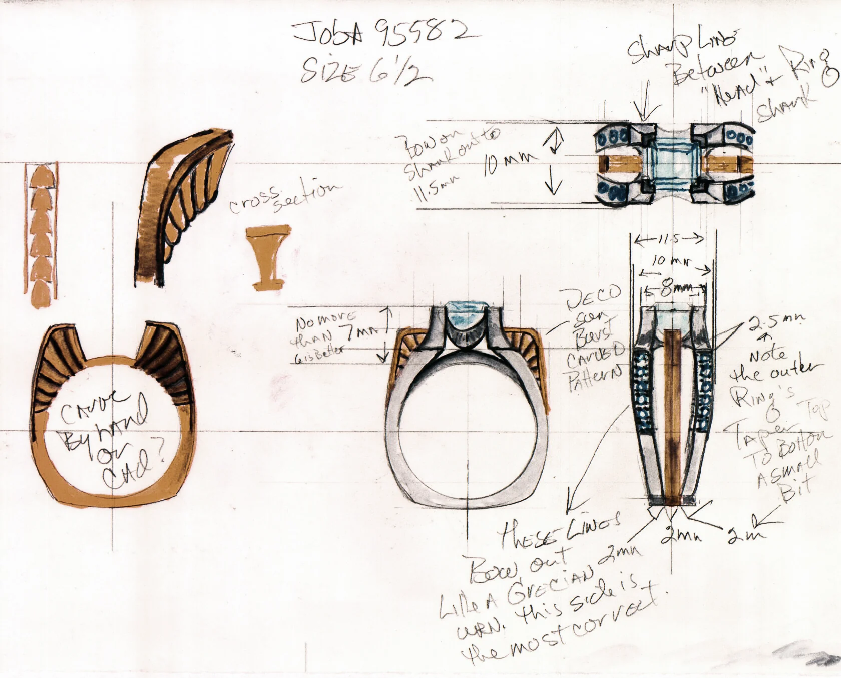 An actual hand-drawn Vandenberg working drawing for a custom ring — top, side and cross-section views with pencil-and-marker measurements and the note 'Carve by hand or CAD?'